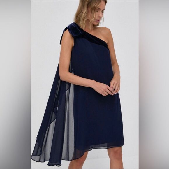 NWT-Lauren Ralph Lauren-Chiffon One-Shoulder Dress- Sz 6 Navy - Picture 1 of 5